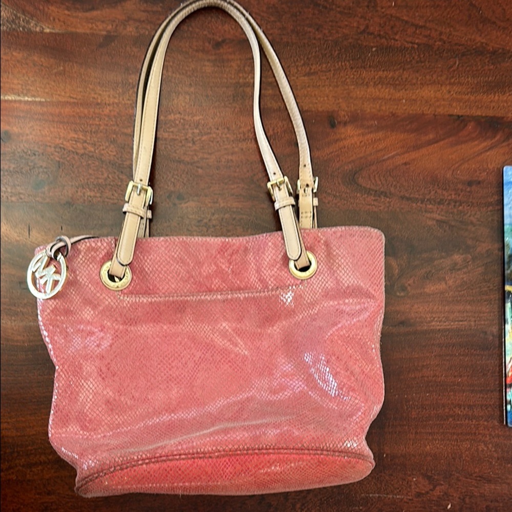 Michael Kors Pink Snakeskin Tan Shoulder Bag with Leather Handles